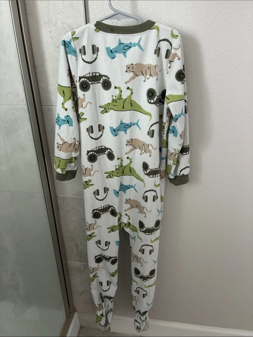 Carter's White Footed One-Piece Pajamas with Green Trim and Blue Accents